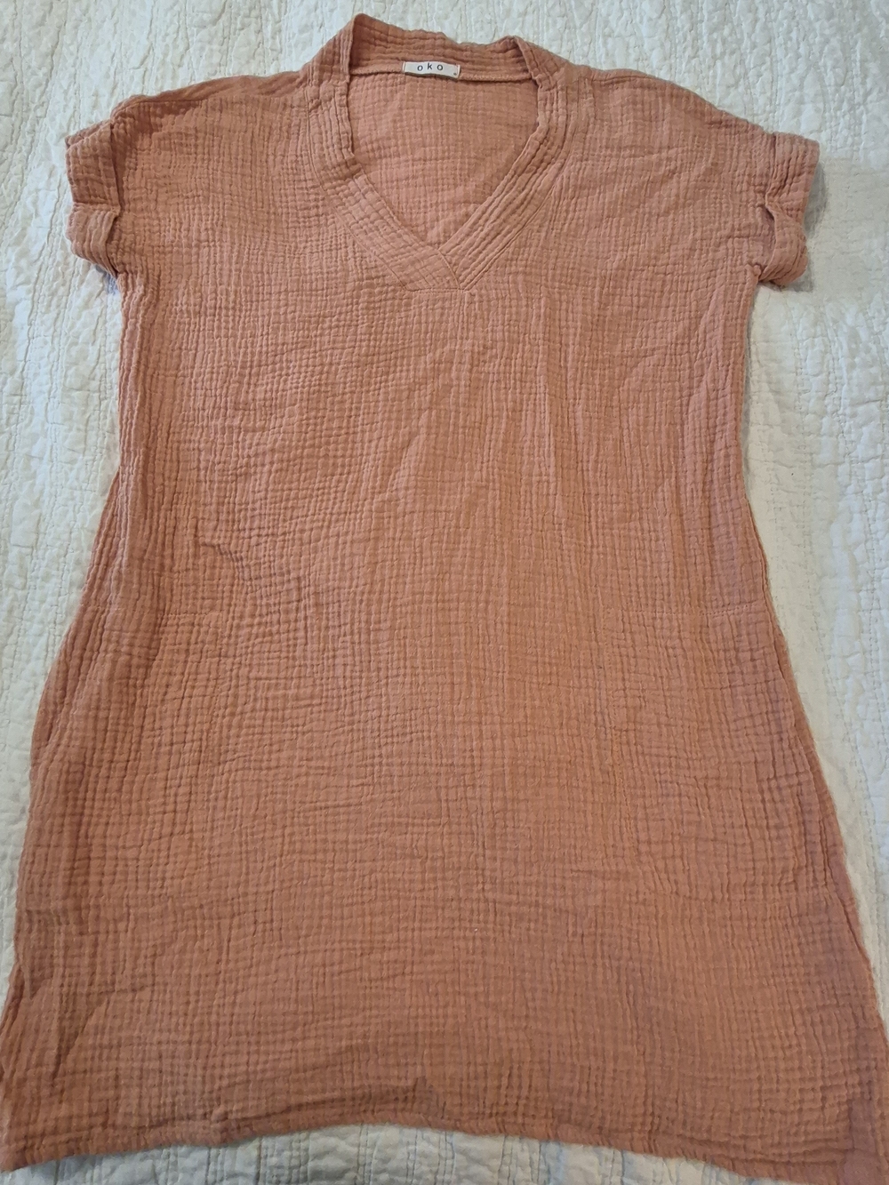 Women's Textured V-Neck Linen Dress - Dusty Rose XS